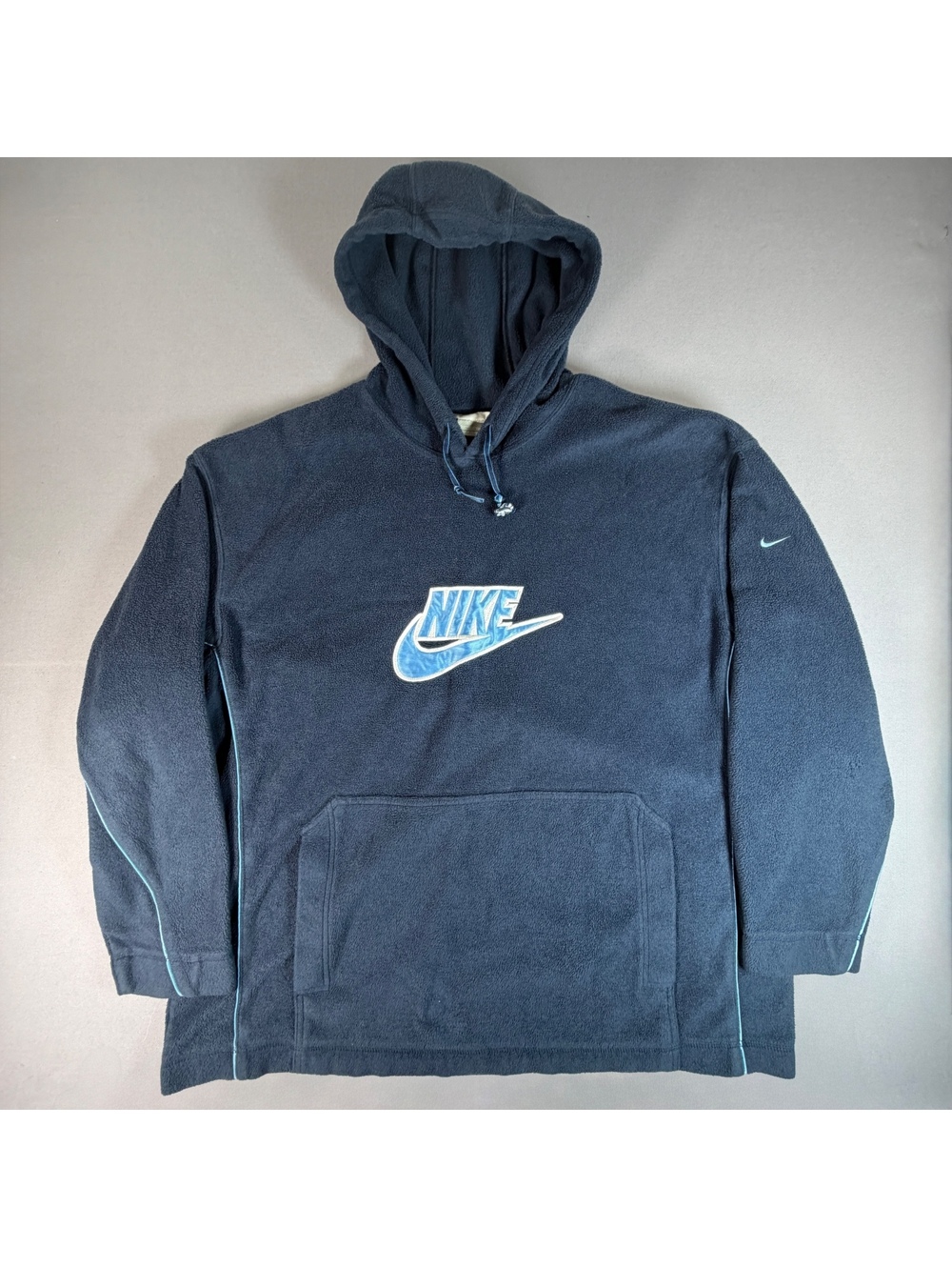 VTG Y2K Nike Fleece Hood Men's XXL Navy Big Embroidered Spellout Swoosh Pullover
